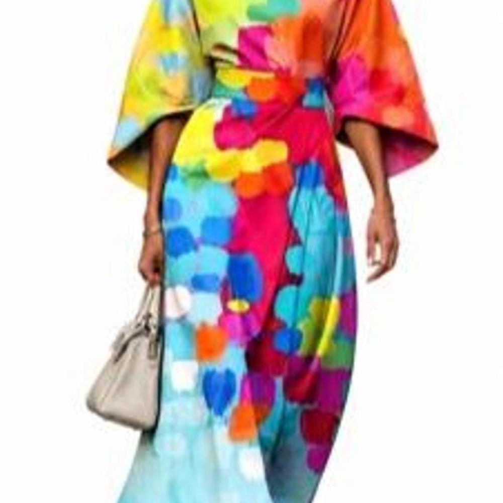 UOOZEE Women's Loose Asymmetric Split-Joint Tied Waist Round-Neck Midi Dress
